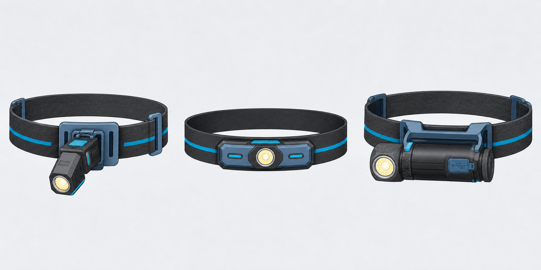 Three generic rechargeable headlamp forms: two detachable right-angle lamps and one integrated front lamp