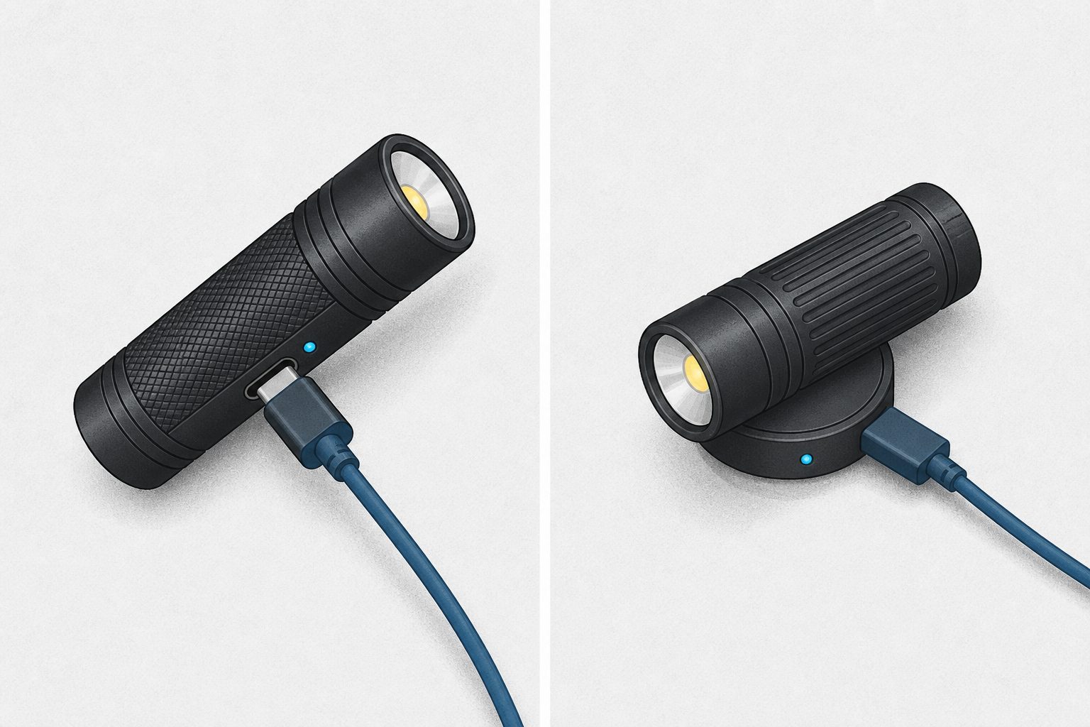 Two generic flashlights shown separately with an on-body USB-C cable and a proprietary magnetic charging puck